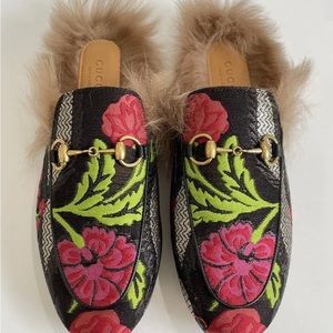 Gucci Princetown Brocade Fur Trim Mules